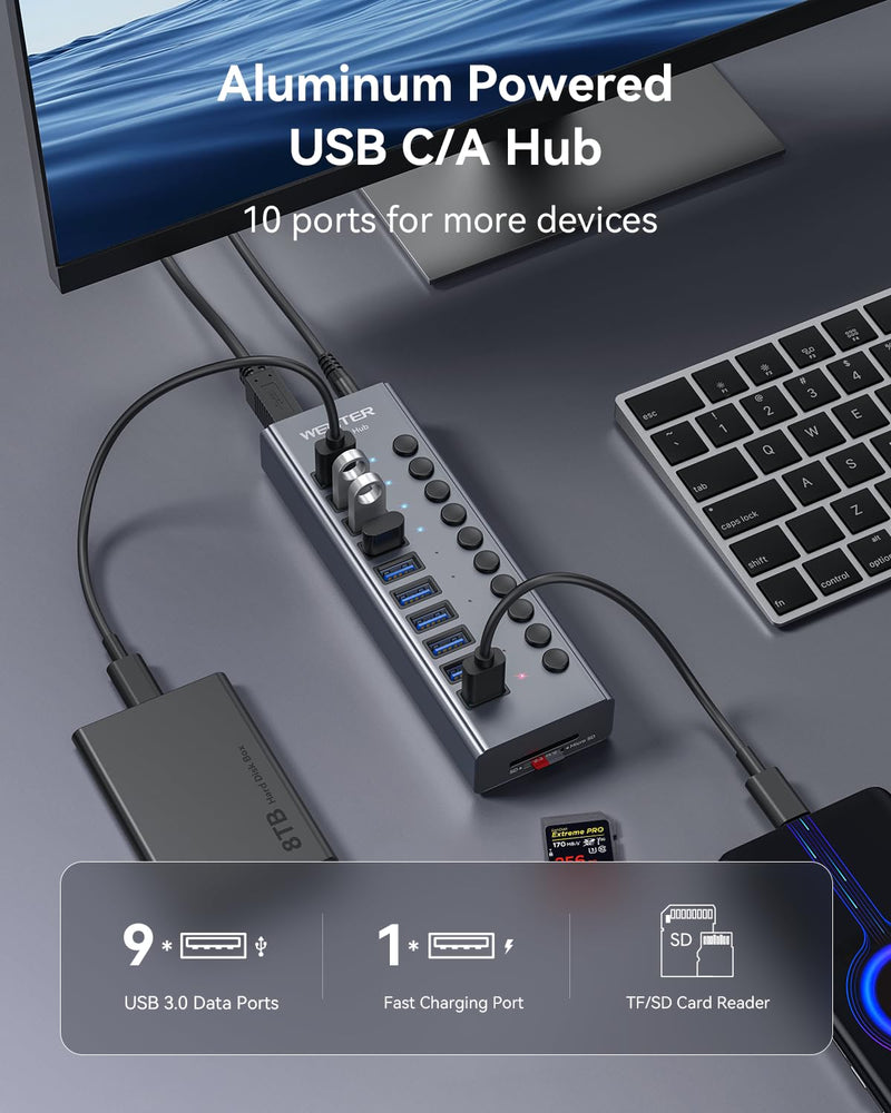WENTER Powered USB Hub 3.0 with SD/TF Card Reader, Aluminum 10 Port Powered USB Hub (9 USB 3.0 Data Transfer Port & 1 USB Fast Charging Port Hub) USB 3.0 Hub for PC, Laptop Aluminum 9+1 Powered USB Hub