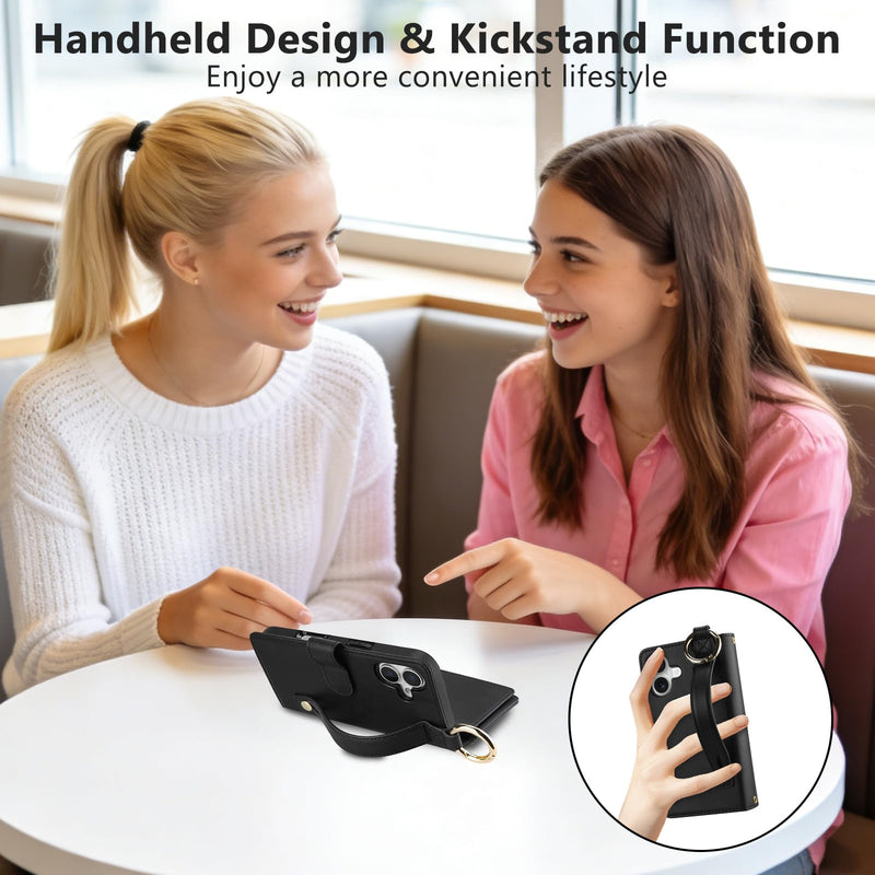 Vofolen for iPhone 17 Case Wallet with Card Holder RFID Blocking Black | Crossbody Strap, Leather Heavy Duty Shockproof Protective, Magnetic Clasp Zipper Pocket, Metal Ring, Wrist Strap Phone Case