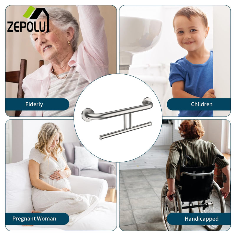 Brushed Nickel Handicap Grab Bar w/Toilet Paper Roll Holder, Zepolu 2-in-1 Safety Assist Bar Balanced Support Handle 17 Inch, Stainless Steel Wall Mounted Bathroom Toilet Grab Bar for Senior Elderly paper holder - brushed nickel