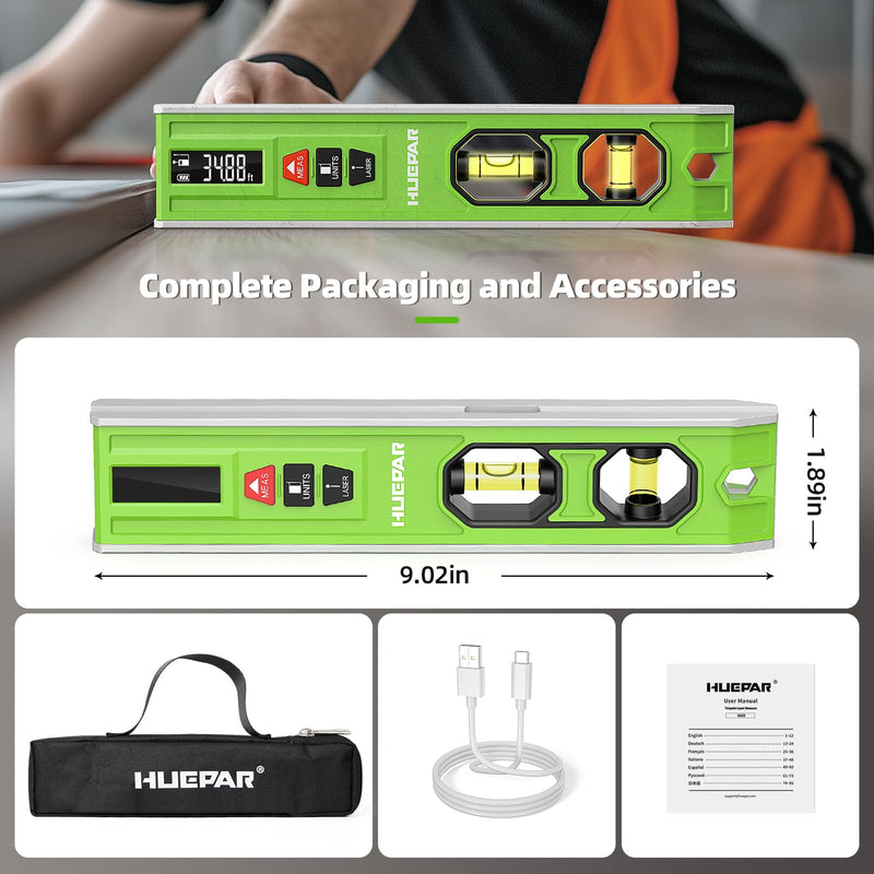 Huepar 3-in-1 Laser Level /65Ft Laser Distance Measure/Magnetic Torpedo Level, 9 in Spirit Level with LED Display and Lighted Bubble, USB-C Rechargeable Magnetic Laser Leveler Tool - VJ10