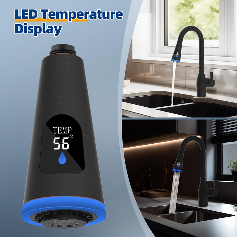 LED Kitchen Faucet Head, 4-Mode Spray, Temperature Display, Rubbed Bronze | Pull Down Kitchen Faucet Head with 15 Adapters Compatible with American Standard/Kohler/Moen/Delta, Sink Sprayer Head LED Design Oil Rubbed Bronze