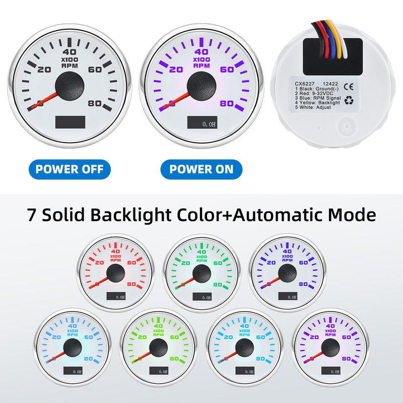 MH Tachometer 2-1/6" 52mm 8000 Tach Boat RPM Gauge 7 Color Waterproof for AUTO Car Truck Marine（White）