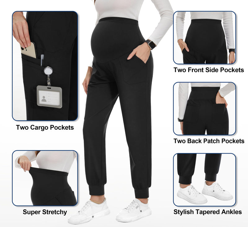 PACBREEZE Women's Maternity Scrubs with 6 Pockets, Workwear Maternity Jogger Scrubs Pregnancy Pants, S-XXL Large 01 Update Black