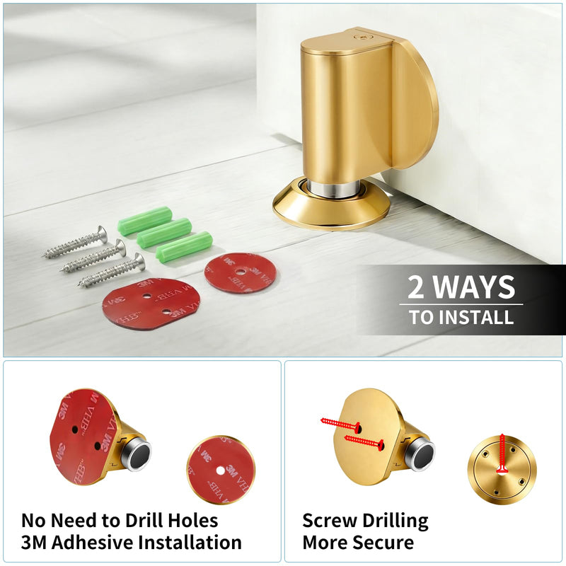 AIMAXINKE Magnetic Door Stoppers, Magnet Door Stop - Stainless Steel Door Catch, Retractable Bottom of Door Holder Suits Gaps Within 1.5" Keep Door Open, No Drill 3M Adhesive & Screws - Golden2 Pack Golden2Pc