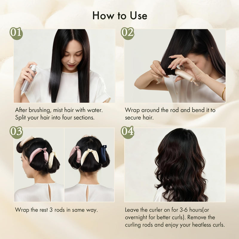 LILYSILK 100% Mulberry Silk Heatless Curlers No Heat Hair Curling Rod for Women Girls Overnight Hair Care Sleep Styling Rollers Accessories 4pcs, Black