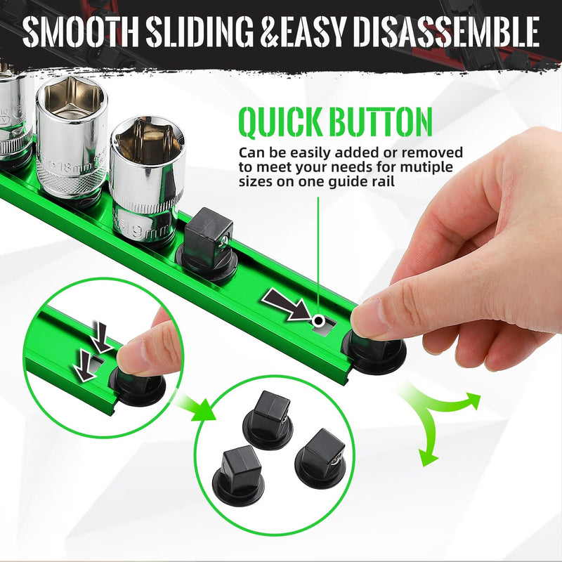 Magnetic Socket Organizer, 1-Piece Heavty Duty Aluminum Socket Holder, Socket Rail for Tool Box, Premium Quality 360° Swivel Socket Rack with 14 Clips for 3/8-Inch(Green) 3/8-Inch Drive Green