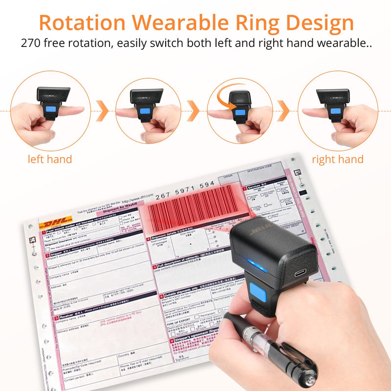 1D 2D Bluetooth Portable Ring Barcode Scanner, Wearable Mini Barcode Reader with Wireless 2.4Ghz &Bluetooth &USB Wired 3 in 1, Connectable Windows/Mac OS/Android