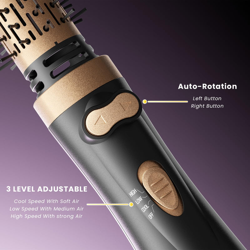 Rotating Hair Dryer Brush, 3-in-1 Hot Air Brush with 2 Brushes (1.5"&2") for Drying Styling Volumizing Curling Sleeking in One Step, 3 Temperatures, Negative Ionic, Ceramic Coating