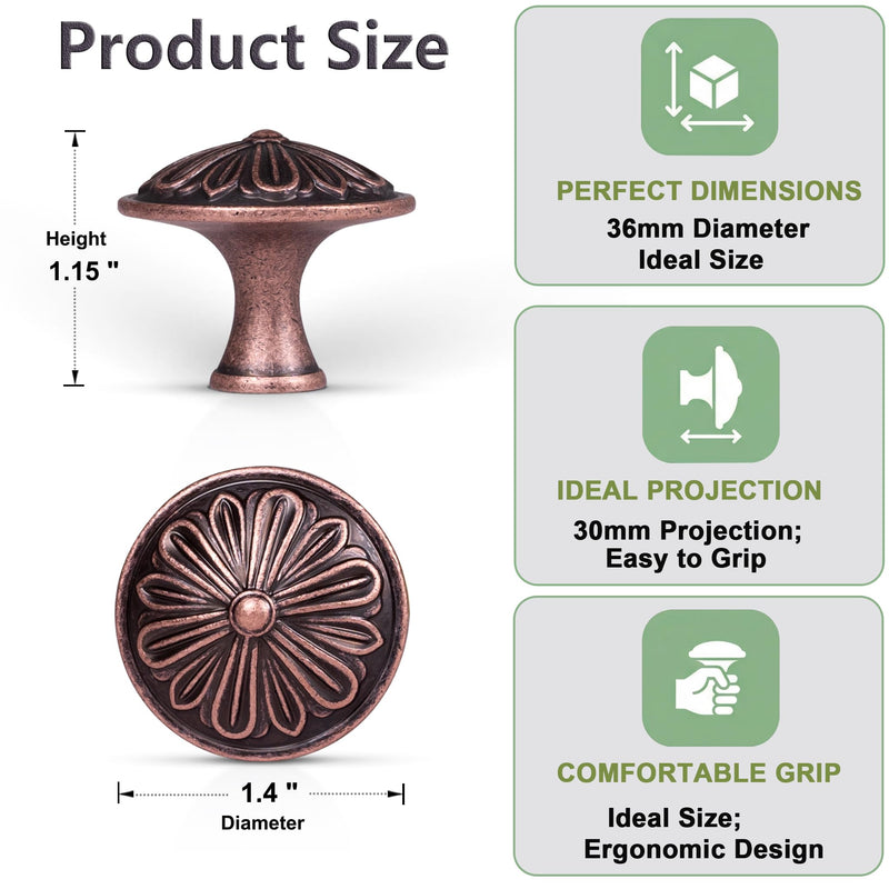 Antique Copper Kitchen Cabinet Knobs Vintage - 16 Pack Solid Zinc Alloy Single Knobs - 1.4” Round Vintage Copper Knobs for Cabinets and Dresser Drawers, Rustic Farmhouse Bathroom Cabinet Knobs Antique Copper