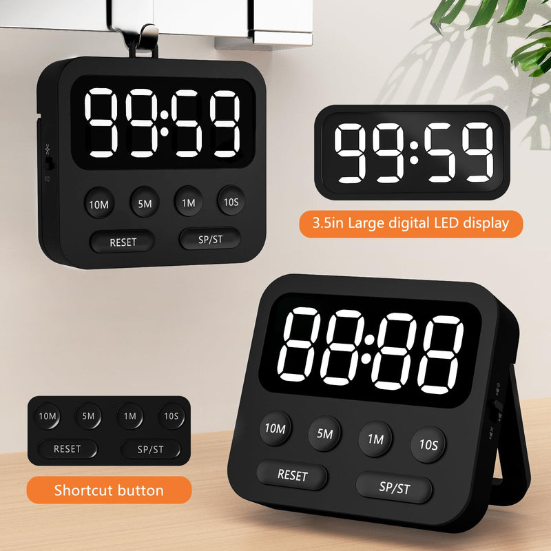 Digital Kitchen Timer with Stopwatch and Countdown Function - Magnetic Classroom Timer for Kids with Large LED Display and Adjustable Volume for Cooking, Exercise, Baking, Desk Black