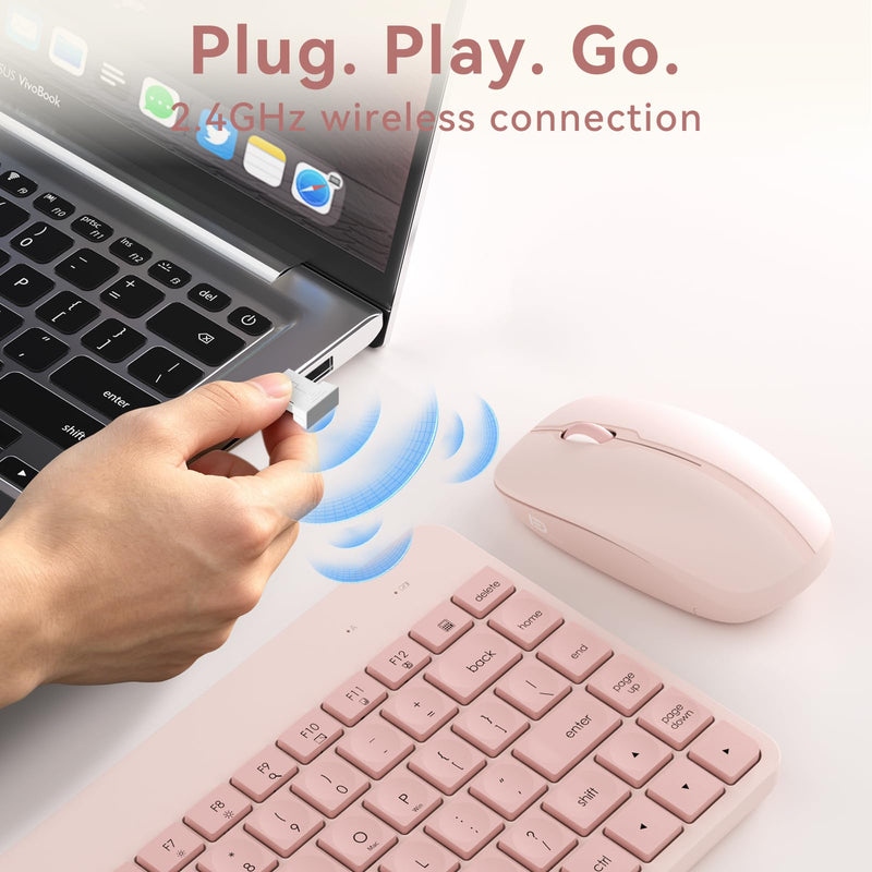 Wireless Keyboard and Mouse Combo, Pink, Quiet Compact Set | Small Portable Travel Set for Laptop PC Mac Tablet Computer, 2.4G Silent Click, Slim Teclado, Plug and Play USB Receiver Dusty Rose