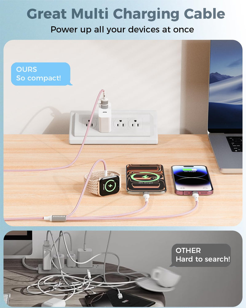 Pink Travel Essentials for Apple Watch Charger,Multi Charging Cable for iPhone 17,iWatch Charger USB C Cord,Car Cruise RV Camping Essentials 2026 for iWatch Ultra/11&iPhone 16/15, Xbox One Cables Pink 4 FT