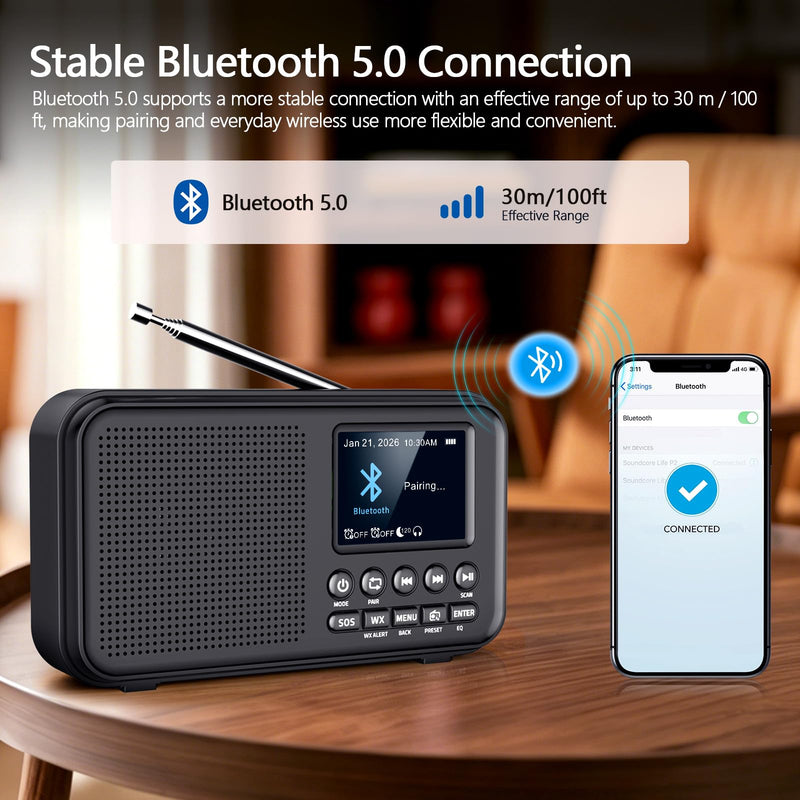 OnLyee Portable FM Radio with Bluetooth, NOAA Weather Alert, Black | 2.4" Color Display, 40 Preset, 8W Clear Sound, 3000mAh Rechargeable, Sleep Timer, MicroSD Playback, Headphone Jack, Home