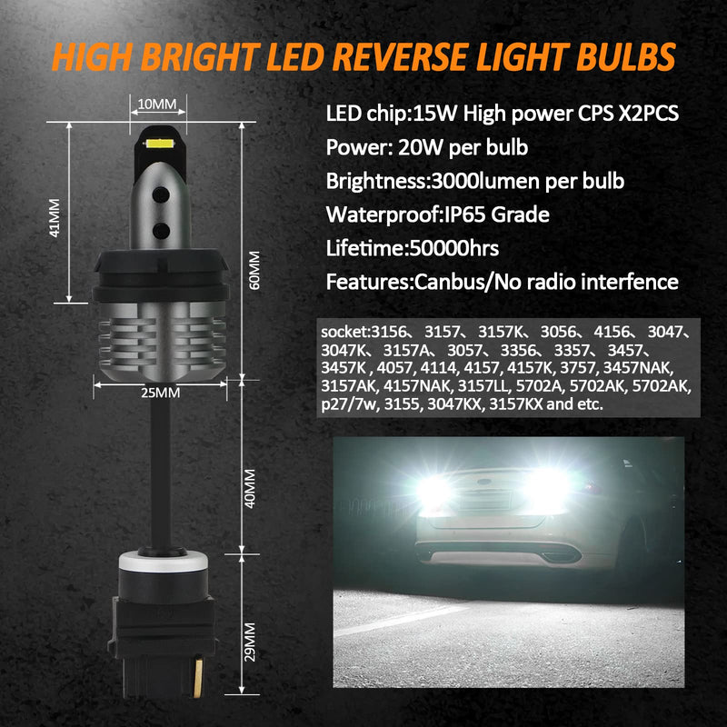 Bestview 3156 3157 LED Bulb Reverse Light Backup Lights,3056 3057 3457 4157 4114 4057 LED Bulbs, 6000 Lumens 20W 2-SMD CSP Chips Upgraded,CANBUS Error Free, High Bright 6000K White（Pack of 2 3156/3157 Reverse Light Bulb