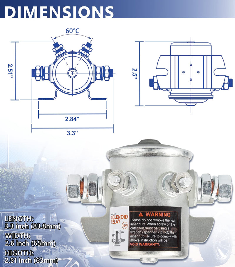 EZGO Solenoid 36V, #70 Series Continuous Duty Solenoid Relay for EZGO TXT/Marathon 1980-2010 Electric Golf Cart, OEM# 27855G01, 11761G1, 27855G02, 31680G1, 3016