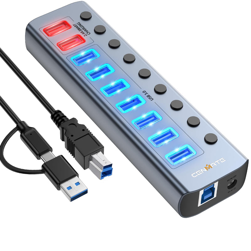 Powered USB 3.0 Hub, CENMATE 9 Ports USB Splitter (7×USB 3.0 Ports+2×2.4A Charging Ports), Individual On/Off Switches, DC 12V Adapter, Aluminum USB C Hub for Laptop, PC