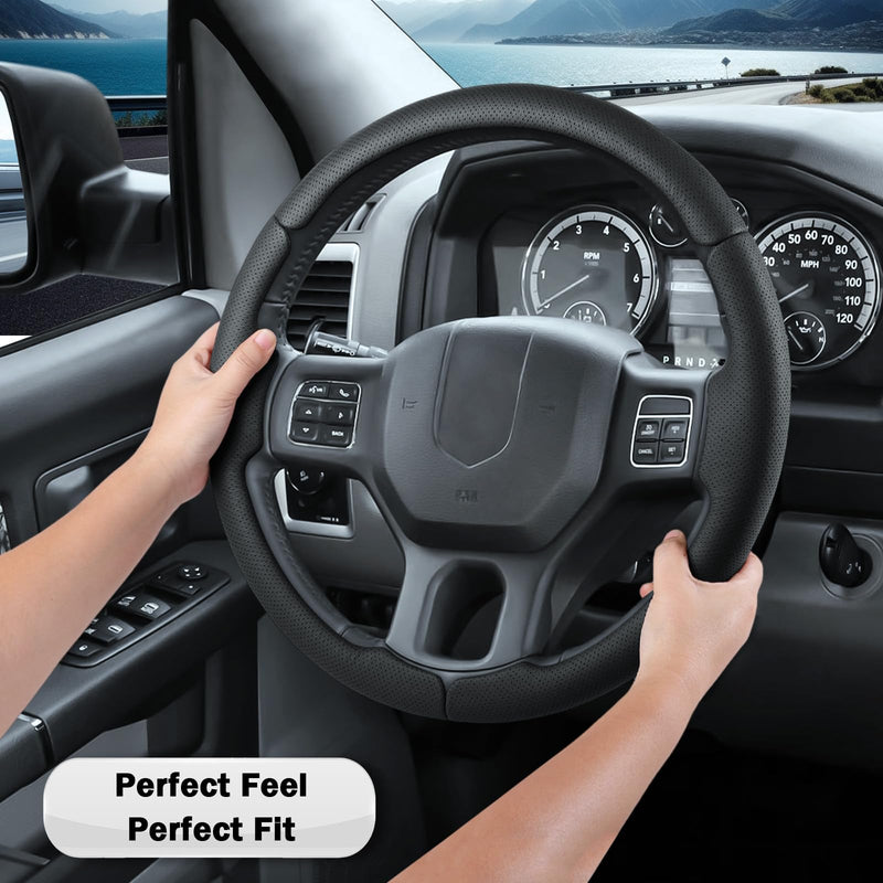 Steering Wheel Cover for Ram 1500, Car Steering Wheel Cover for Dodge Ram 1500 (2012-2018) 1500 Classic(2019-2023) 2500(2012-2018) 3500(2012-2018) 5500(2012-2018), Perforated Black Black Perforated Leather RAM 1500 (2012-2018)
