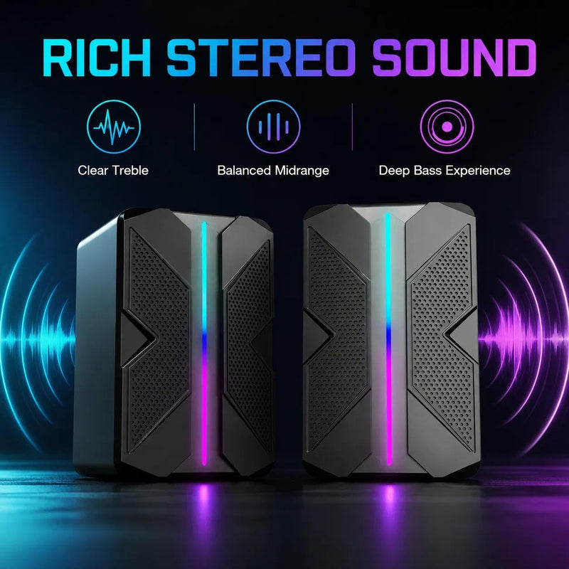 USB Computer Speakers with RGB Light, Compact Stereo Desktop Audio | Clear stereo sound with enhanced bass feel for music, movies, videos, meetings, and casual gaming.
