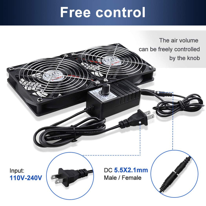 Wathai 2 x 120mm 240mm Computer Fan with AC Plug Cabinet Fan 110V 240V | Dual Ball Big Airflow 12V Cooling Fan with Variable Speed Control for External PC Case Cooling computer cabinet vent 2x120mm fan