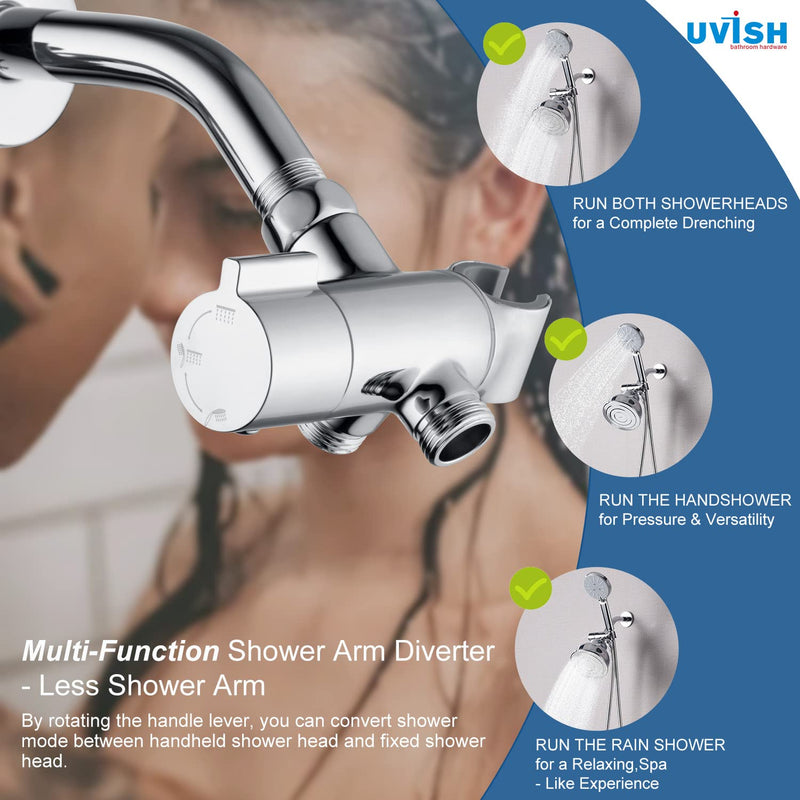 Metal Shower Diverter Valve with Hand Shower Holder, Full Flow Shower Arm Diverter for Hand Held Showerhead and Fixed Spray Head, G 1/2 3-Way Universal Shower System Replacement Part Uvish