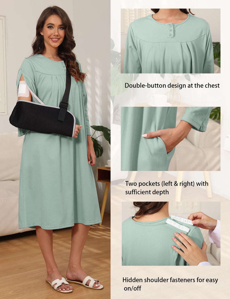 Flannel Hospital Gowns for Women Zipper Open Back Post Shoulder Surgery Dress Thermal 3/4 Sleeve Adaptive Clothing Green 3X-Large