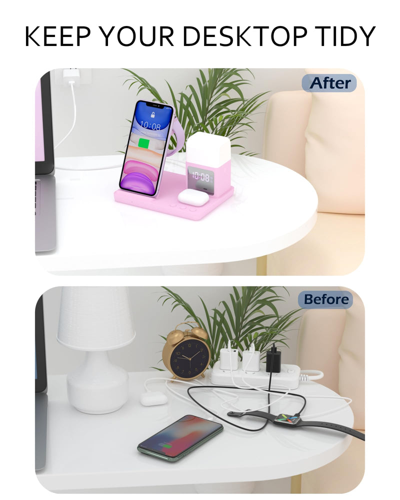 Wireless Charger for iPhone, 6in1 Fast Phone Charger Stand Dock Alarm Clock Night Light, Wireless Charging Station for Apple Watch, for Airpods 3/2/Pro, for iPhone 17/1615/14/13/12/11/Pro/Max (Pink) Pink