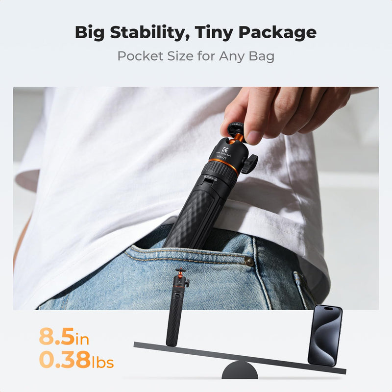 K&F CONCEPT Mini 25.6'' Auto Open Selfie Stick Tripod | Lightweight, Ball Head with Cold Shoe, Compatible with DJI Osmo Pocket 4/3 Action5 Insta360 Luna Ultra. MS71
