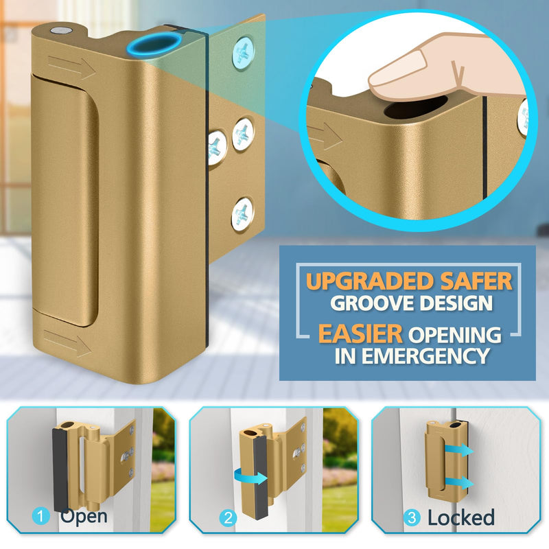 Child Proof Door Locks High Home Security Door Lock Reinforcement Night Kids Safety with 3" Stop Withstand 800 lbs for Inward Swinging Front Door Metal Flip Deadbolt Latch Defend Home Bright Gold