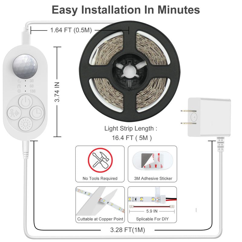 Motion Sensor Under Cabinet Light, Plug-in Under Cabinet Lighting with Dimmer, Delay Timer for Kitchen Cabinet, Pantry, Laundry, Bedroom, Stairway 2 Pack 16.4FT Light Strip COLD WHITE 6000K