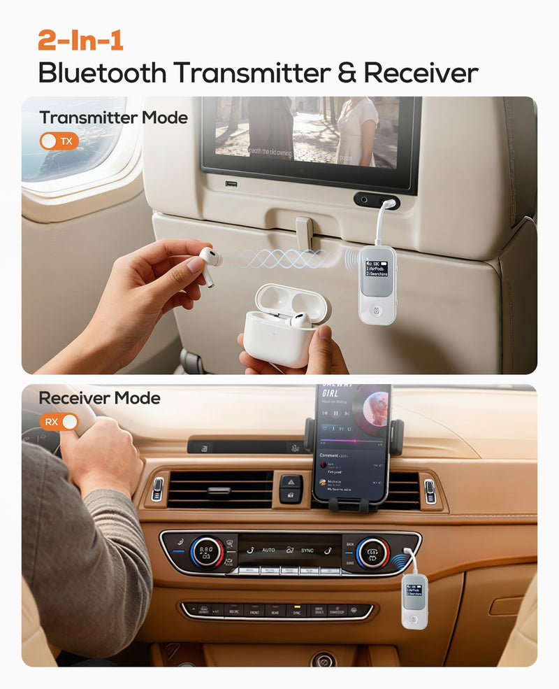 Nulaxy Airplane Bluetooth Adapter Transmitter Receiver with Screen [Show Battery & Connected Devices], Pairs 2 AirPods/Headphones, 3.5mm AUX for TV Car Treadmill, Qualcomm Chipset, 20H Playtime A-White