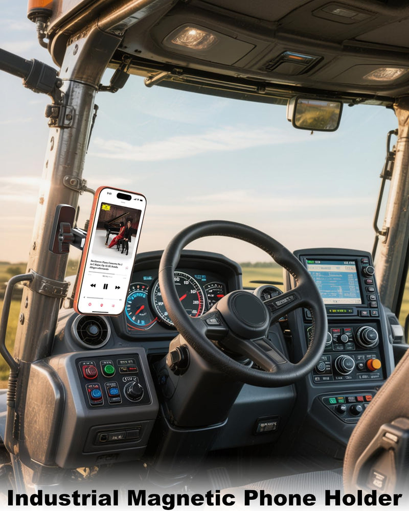 Charchendo Industrial Magnetic Tractor/Forklift Phone Mount | Rock-Solid All Metal Build, 3.14" Arm With Ball Head, Includes Adhesive Plate. Mounts On Skid Steer Cabs, Fits All Phones