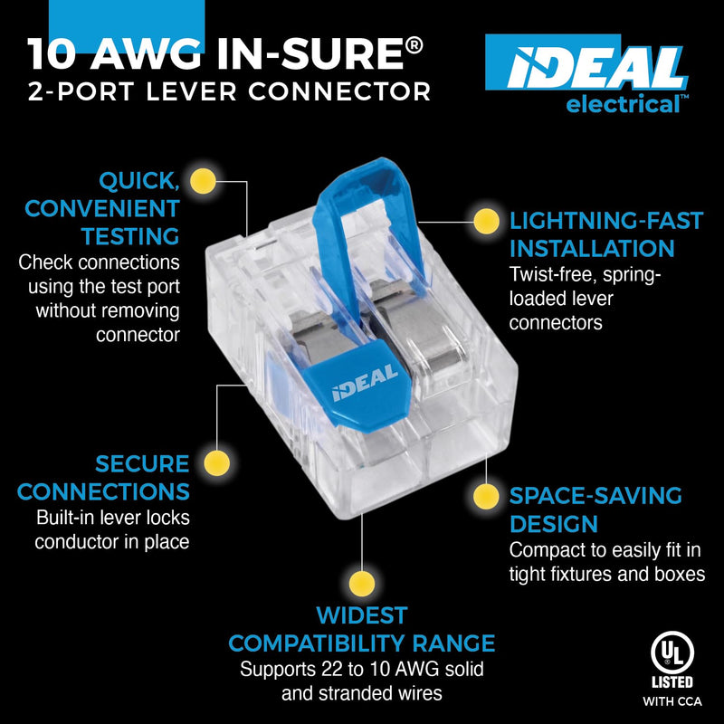 Ideal Electrical in-Sure Lever Wire Connector,10 AWG, 2-Port (30-10L32), Box of 100—Compact Releasable Connectors for Solid and Stranded Wires 2 Port / 10-22 AWG