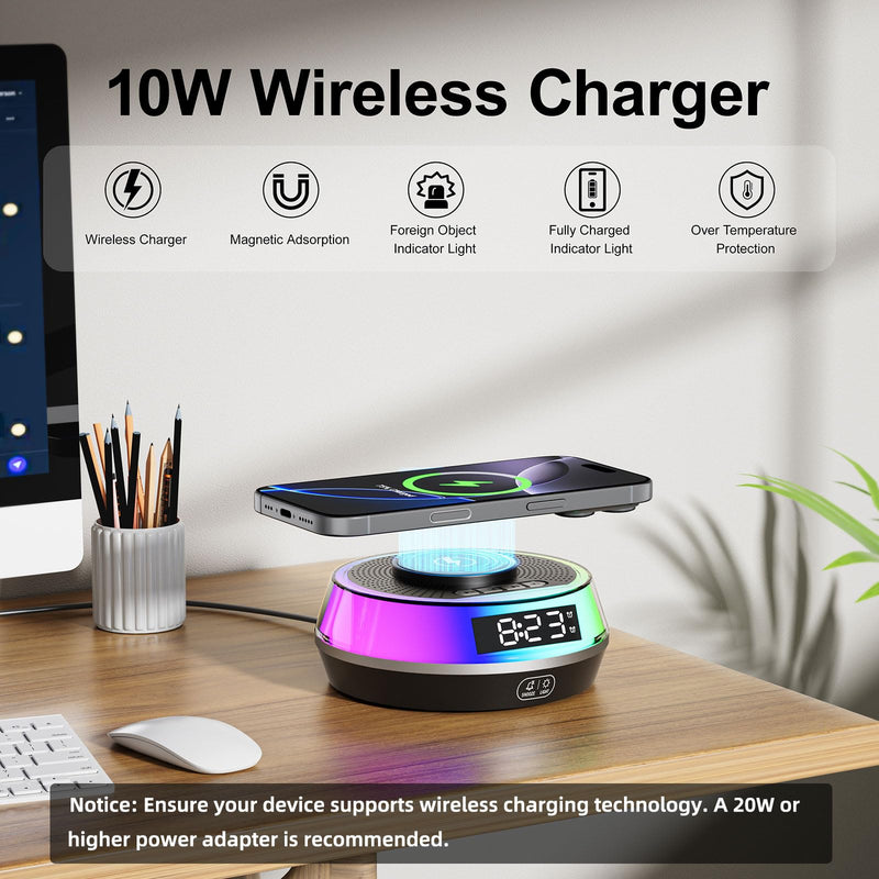 Wireless Charger Alarm Clock for Bedroom, 5W Bluetooth Speaker, 12 Soothing Sounds Machine, Dual Alarms, RGB Light, Ideal Gift for Heavy Sleepers, Adults, Teens, Kids, Senior(Black)
