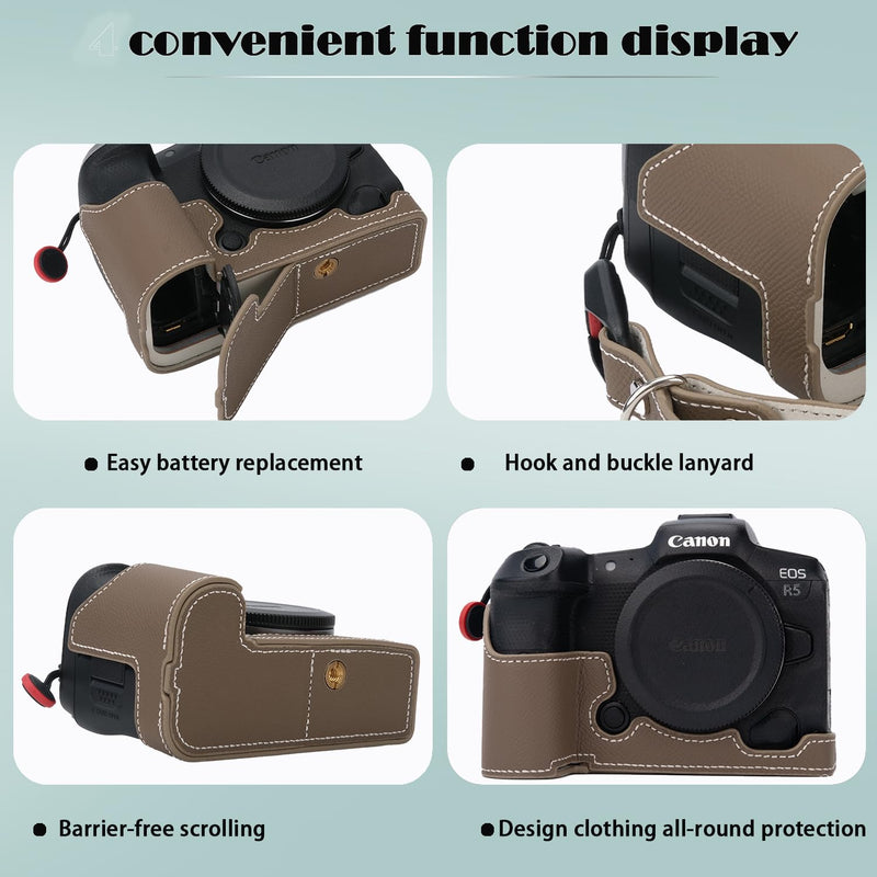 Canon EOS R5 Camera Case,Handmade Genuine Real Leather Half Camera Case Bag Cover for Canon EOS R5 Camera Bottom Opening Version + Hand Strap (Taupe) taupe