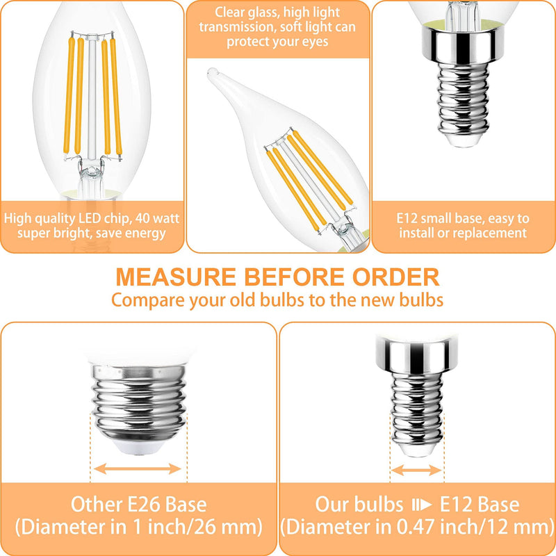E12 Candelabra LED Bulb 60W Equivalent, Dimmable 3000K Warm White, Flame Tip, 4W, 500LM, 120V, CRI 85, for Chandelier, 10 Pack 10 Count (Pack of 1)