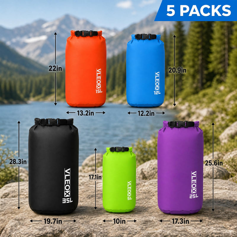 Dry Bag 3-Pack/5-Pack, Ultralight Dry Sack, Lightweight Waterproof Bags Roll Top Sack Set Keeps Gear Dry for Hiking, Backpacking, Kayaking, Camping, Swimming, Boating 5 Pack - 5L+12L+15L+25L+35L