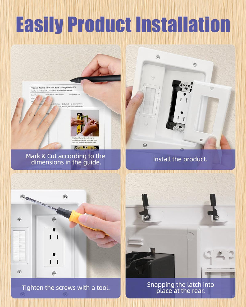 Wall Cable Concealer Kit, Upgraded Recessed TV Outlet Box-Two-Hole Socket with Cable Management Box, Hider in Wall Cable Management Kit Safe Hide Power Cables & Low Voltage Wires Fits All Plugs