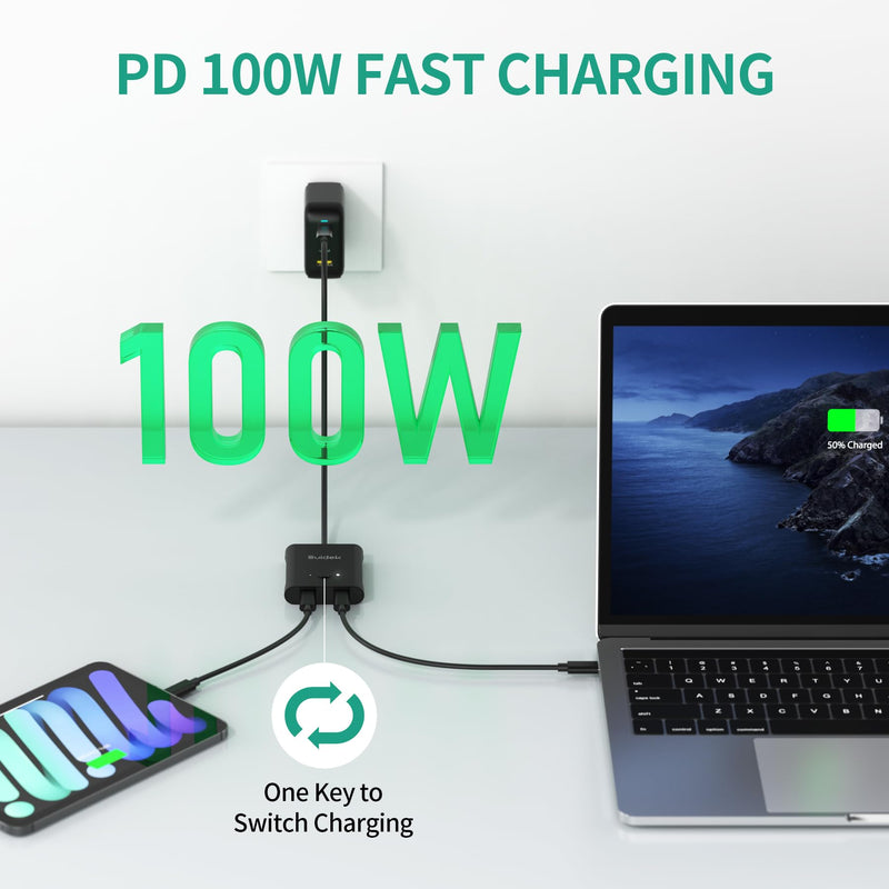 USB C Bi-Directional Switch, 1 in 2 Out/2 in 1 Out USB C Switcher 8K@60Hz 10Gbps Data Transfer and 100W PD Fast Charging, Included 5V Power Adapter