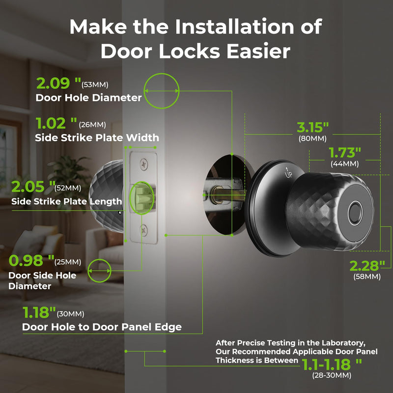 𝐅𝐢𝐧𝐠𝐞𝐫𝐩𝐫𝐢𝐧𝐭 𝐊𝐞𝐲𝐩𝐚𝐝 Door Lock, Smart Biometric Door Knob Support 15M App Control & Auto Lock, 4-in-1 Upgraded Door Lock with 2Keys for Home Office Apartment, Black (Diameter 2.28")