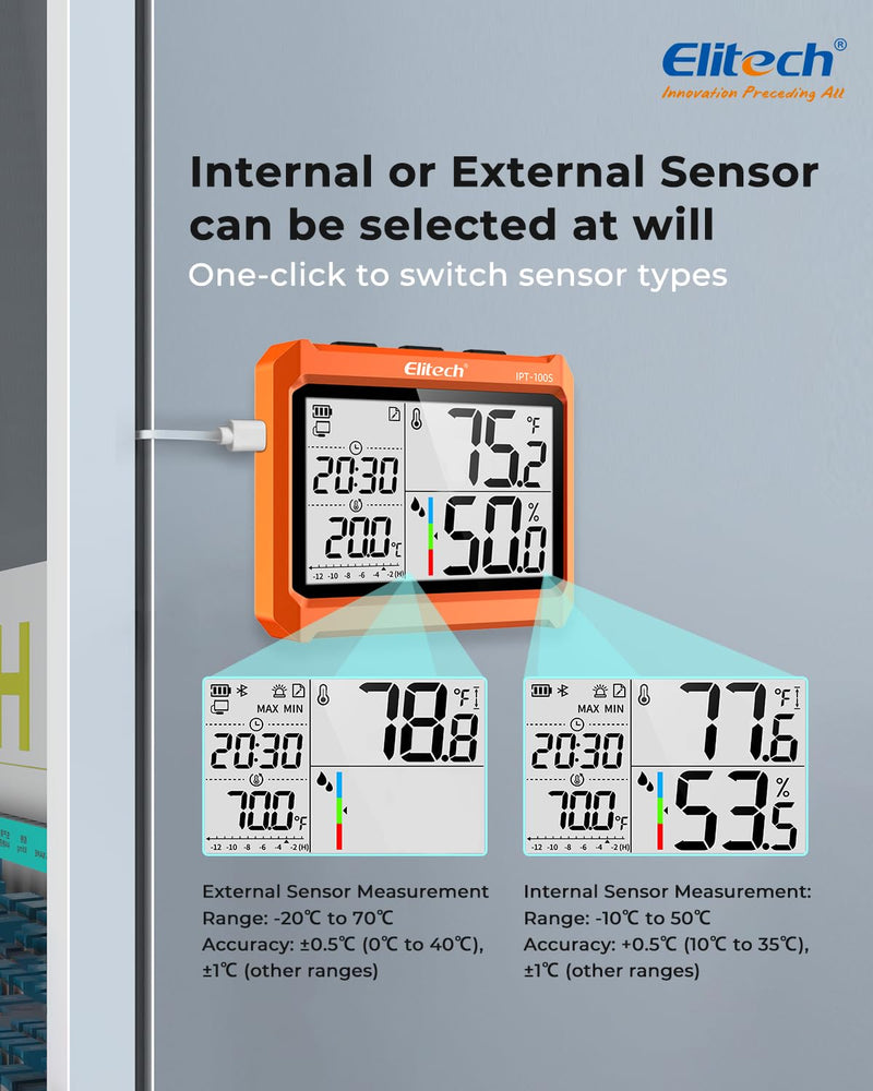 Elitech Digital Bluetooth Hygrometer Thermometer, Refrigerator Thermometer with Free APP, Real-Time Temperature Humidity Monitor with 4.5" Screen, PDF&CSV Data Export, IPT-100S with External Probe 1