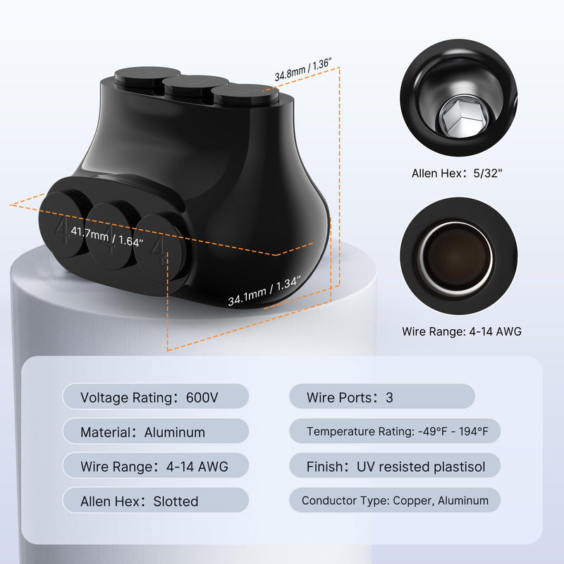 RVBOATPAT 3 Port Insulated Multi Tap Connector 4-14 AWG Aluminum to Copper Wire Connectors Single-Sided Entry Aluminum Wire Connectors Slotted Allen Hex - 5 Pack 5PCS 3 port 4-14 AWG