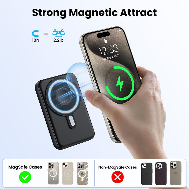 Magnetic Power Bank 12000mAh,3-in-1 Wireless Portable Charger,22.5W PD Fast Charging with LCD Display,Magsafe Battery Pack Compatible with All iPhone 15/14/13/12/iWatch/Airpods/Galaxy Phones Series Black