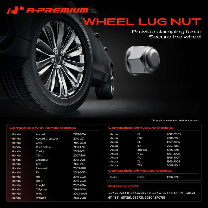 A-Premium 20Pcs M12-1.50 Wheel Lug Nuts Compatible with Honda CR-V, HR-V, Civic, Accord, Crosstour, CRX, Element, Fit, Insight, Odyssey, Pilot, Prelude & Acura CL, CSX, EL, ILX, Integra & Isuzu Oasis