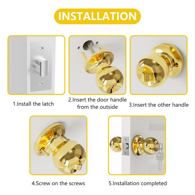 Door Knobs with Lock and Keys, Interior and Exterior Door Lock Standard Ball Door Locks for Bedrooms Bathroom Gold 2