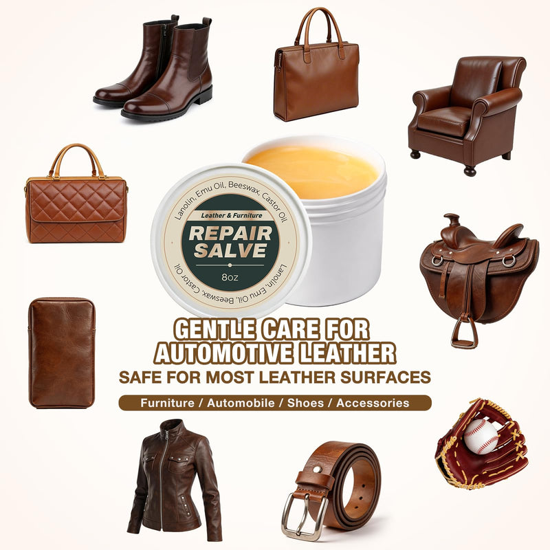 Leather Conditioner & Repair Cream: Leather Cleaner and Conditioner for Car Seats and Interiors - Repair Conditioning Salve for Furniture Couches Shoes Purse Bags (8 Oz) 8 Oz