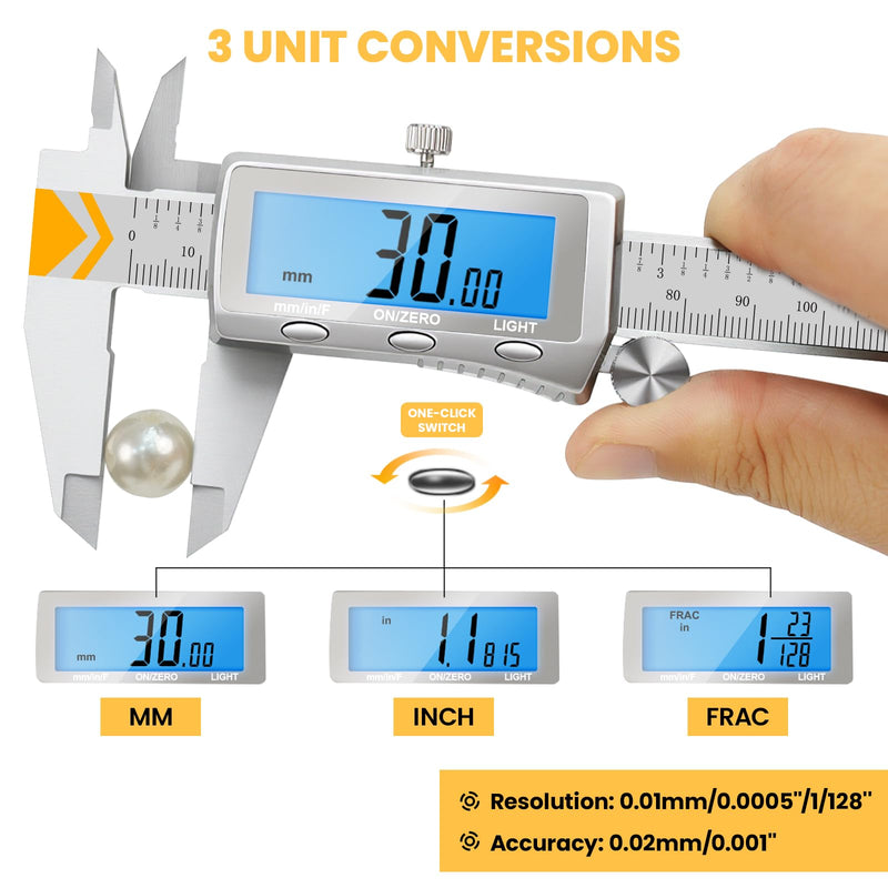 Digital Caliper, Rechargeable Caliper Measuring Tool with Backlight LCD Screen,Vernier Dial Caliper Stainless Steel with Auto-Off Feature,Inch Metric Fraction Conversion, for Jewelers/Woodworkers/DIY
