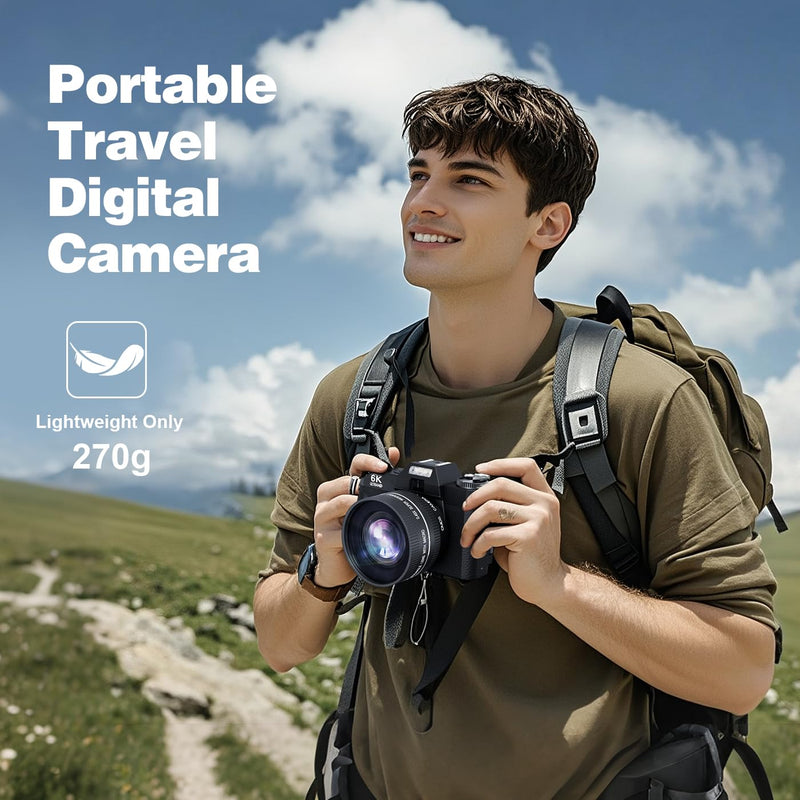 6K 64MP Digital Camera for Photography Vlogging Camera for YouTube, 180° Flip Screen, 16X Zoom Autofocus, Compact Travel Beauty Camera for Teens, with 52mm Lens, 2 Batteries, 32GB SD Card