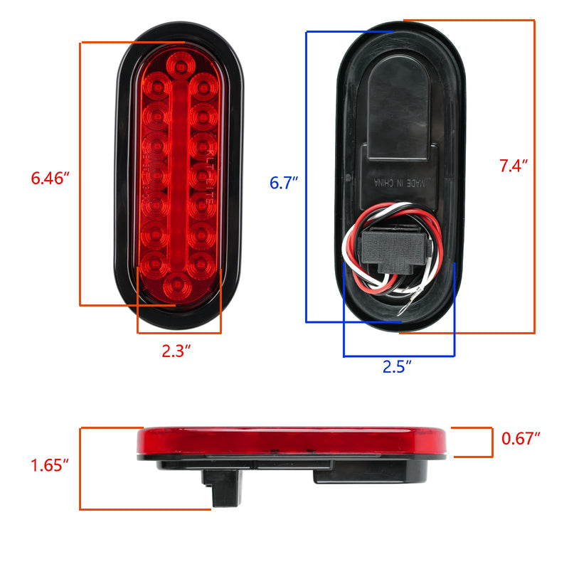 2Pcs 6" Oval LED Red Tail Trailer Light 24LEDs, IP65 Waterproof, Stop Brake Turn Signal Reverse marker, Surface Mount, For Bus Lorry Camper Boat Bus Truck RV Pickup Golf Cart Motorcycle 6“ Oval 24LED Red