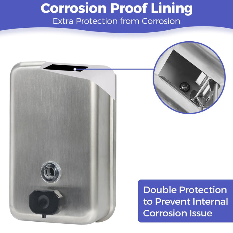 Heavy Duty Stainless Steel Wall Mount Soap Dispenser, 1100ml/37oz, with Corrosion Proof Lining and Anti-Leak Pump for Commercial & Home Bathroom Kitchen(Vertical) Vertical