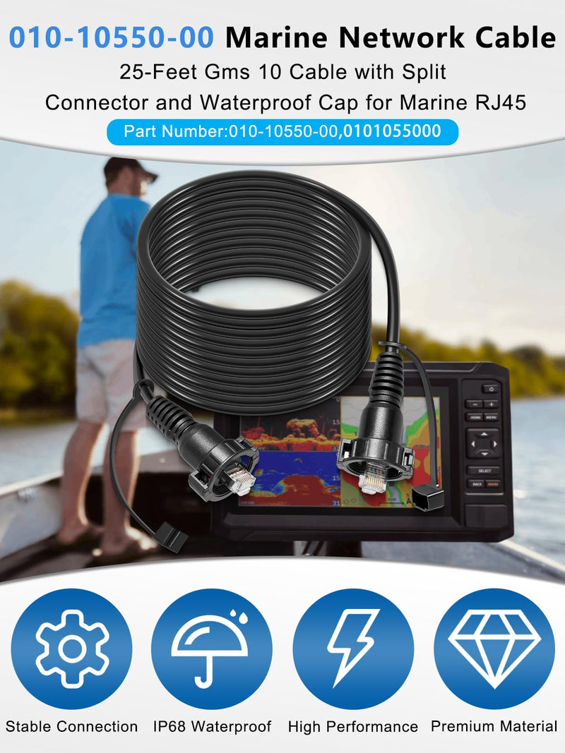 010-10550-00 Marine Network Cable,GMS 10 Cable 25 Feet with Split Connector and Waterproof Cap for Marine RJ45 Compatible with Garmin Navigation Screen Devices 25-Feet